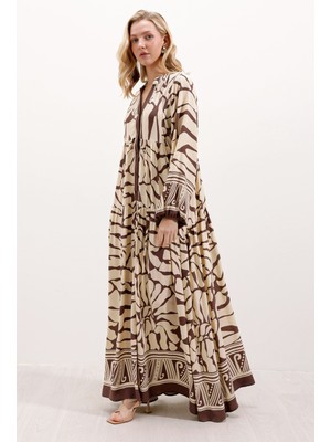 Bigdart 2423 Otantik Desenli Elbise - Kahverengi