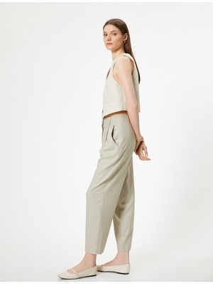 Koton Keten Havuç Pantolon Yüksek Bel Bol Kalıp Astarlı Cepli