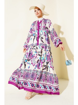 Bigdart Kadın Mürdüm Krem Viskon Tesettür Elbise 2423