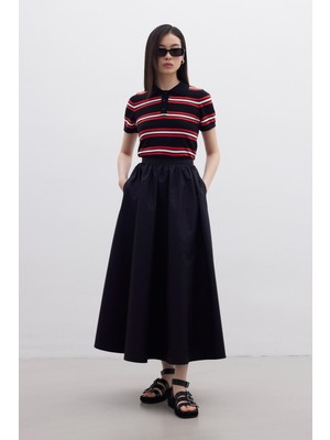 Manuka Kadın Siyah Volanlı Premium Pamuklu Poplin Etek – Büzgülü Bel, Yan Cepli, Tesettür Tarzına Uygun