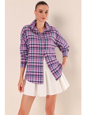Bigdart Kadın Mor Beyaz Kareli Desenli Oversize Uzun Basic Gömlek 3900