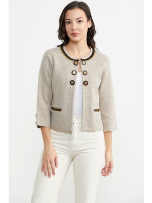 Sementa Zincir Detaylı Kalın Yünlü Triko Ceket - Vizon - Kahverengi