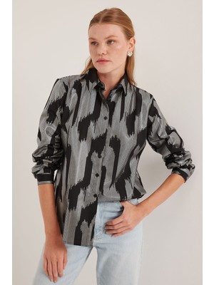 Bigdart Kadın Siyah Gümüş Varak Desenli Gömlek 20253