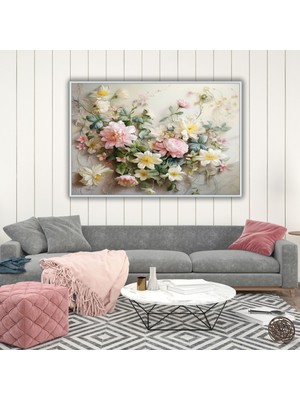 Gaagart Metal Çerçeveli Yatay Cam Tablo Soft Pembe ve Sarı Beyaz Çiçek