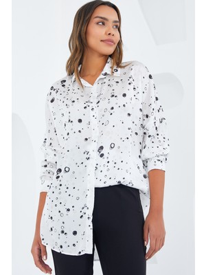 Bigdart Kadın Siyah Beyaz Desenli Oversize Saten Gömlek 3985