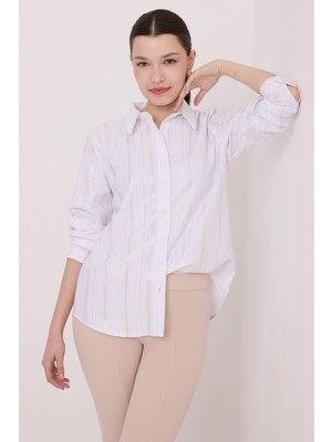 Bigdart Kadın Beyaz Gümüş Varak Desenli Gömlek 20253