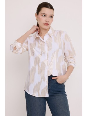 Bigdart Kadın Beyaz Gold Varak Desenli Gömlek 20253