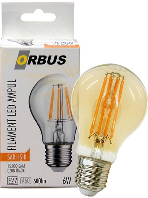 Orbus ORB-F6W E27 600 Lmn 6 Watt Filament Amber LED Ampul Sarı Işık Enerhi Tasarruflu Rustik Ampul