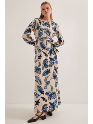 Bigdart Kadın Mavi Krem Desenli Örme Tesettür Elbise 1525