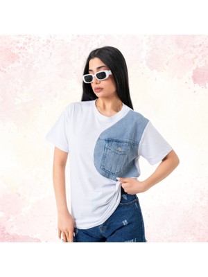 Twin Fashion Kadın Pamuk T-Shirt Önü Kot Cepli Yeni ve Şık