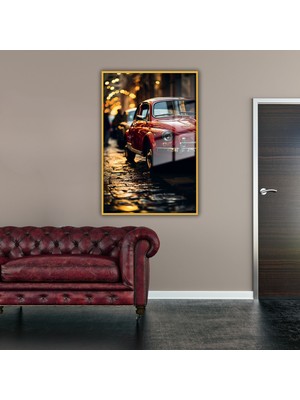 Gaagart Metal Çerçeveli Temperli Cam Tablo Işıklı Sokak ve Kırmızı Araba