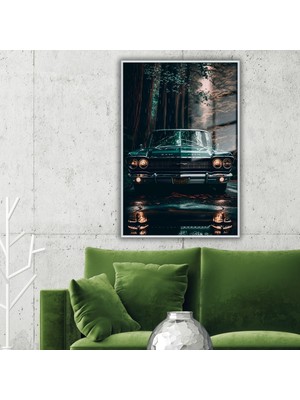 Gaagart Metal Çerçeveli Temperli Cam Tablo Yeşil Klasik Araba