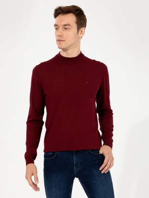 Cacharel Erkek Koyu Bordo Slim Fit Çeyrek Balıkçı Yaka Basic Triko Kazak 50257712-VR175