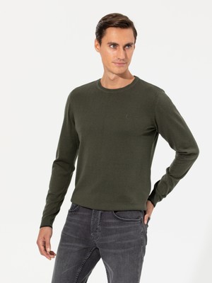 Cacharel Erkek Haki Slim Fit Bisiklet Yaka Basic Triko Kazak 50259092-VR027