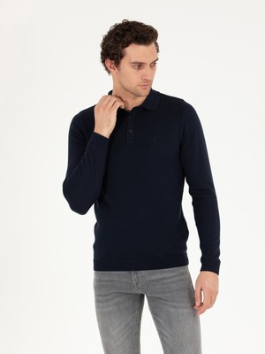 Cacharel Erkek Lacivert Slim Fit Polo Yaka Basic Triko Kazak 50257384-VR033