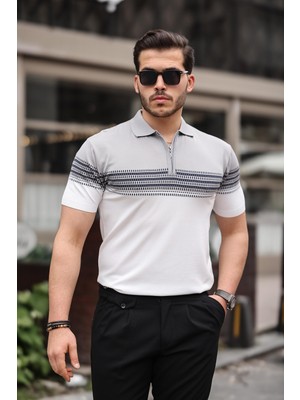 Miron Gri Beyaz Fermuarlı Triko Polo Yaka Tişört