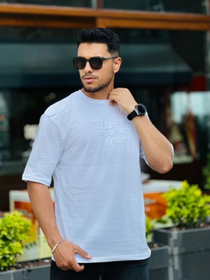 Miron Beyaz Ön Arka Nakışlı Oversize Kısa Kollu Tişört