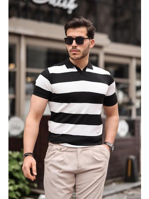 Miron Siyah Beyaz Triko Blok Parçalı Polo Yaka Tişört