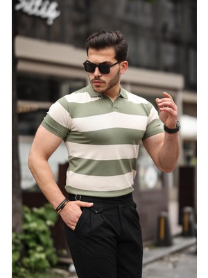 Miron Haki Bej Triko Blok Parçalı Polo Yaka Tişört