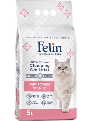 Felin 5l Bebek Pudralı Kokulu İnce Taneli Topaklanan Kedi Kumu Uzun Süreli Kullanım İçin