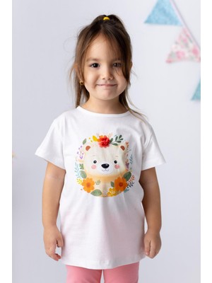 Mininio Kız Bebek Ayı Baskılı 3 Boyutlu Çiçekli T-Shirt