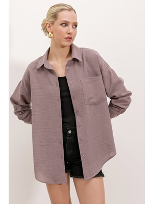 Bigdart 20153 Tek Cepli Oversize Keten Gömlek - Koyu Lila