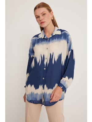 Bigdart Kadın Lacivert Krem Desenli Oversize Gömlek 5923