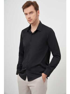 Morven  Erkek Siyah Basic Düz Desen Sert Yaka Slim Fit Gömlek