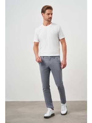 Morven  Erkek Lacivert Sawa Desenli Poliviskon-Keten Slim Fit Pantolon