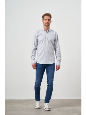 Morven  Erkek Gri Pamuk Baskılı Desenli Düğmeli Yaka Slim Fit Gömlek