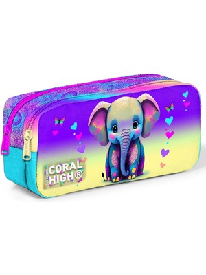 Coral High Kids Pembe Turkuaz Fil Desenli Iki Bölmeli Kalem Çantası 12083
