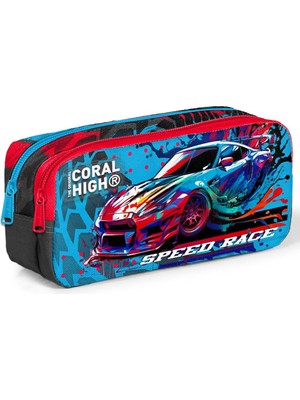 Coral High Kids Gri Mavi Yarış Arabası Desenli Iki Bölmeli Kalem Çantası 12085