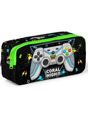 Coral High Siyah Fosforlu Yeşil Gamer Desenli İki Bölmeli Kalem Çantası 12087