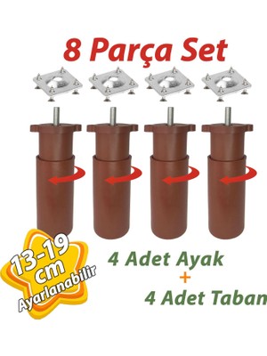 Glaswen 4 Adet Destek Ayağı 13-19 cm Kahverengi ve 4 Adet Metal Düz Ayak Tabanı M8 Civatalı Ince Diş Mobilya Kanepe Baza Koltuk Seti