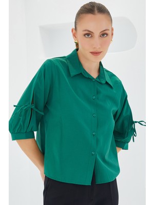 Bigdart Kadın Kol Detaylı Zümrüt Yeşili Crop Gömlek 20246