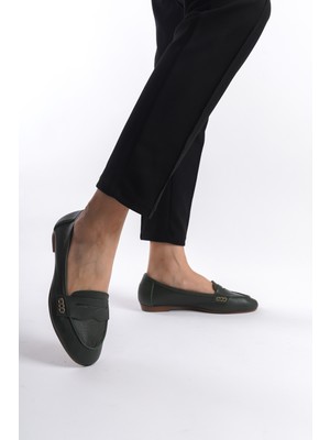 Analin Shoes Kadın Deri Saraçlı Rahat Babet Kadın Babet Yeşil 37