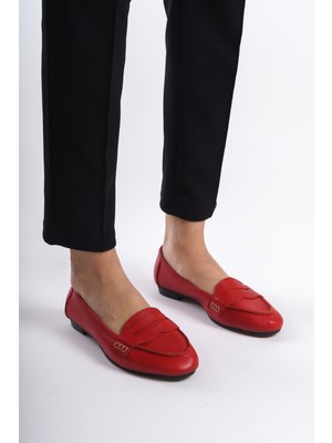 Analin Shoes Kadın Deri Saraçlı Rahat Babet Kadın Babet Kırmızı 40