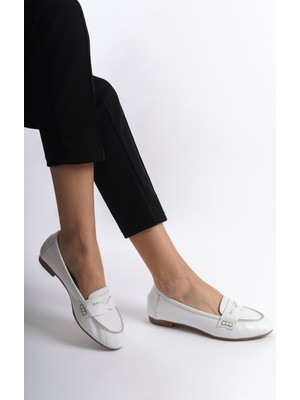 Analin Shoes Kadın Deri Saraçlı Rahat Babet Kadın Babet Beyaz 36