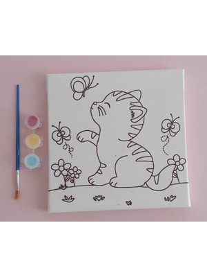 Dudu Ahşap 20 x 20 cm Resimli Tuval Çocuk Boyama Seti Kedi 2 Resimli 3 Boya 1 Fırça