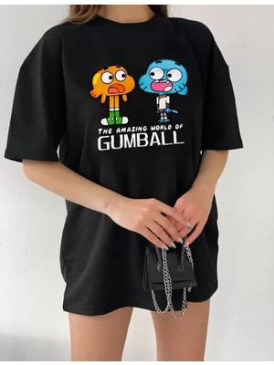 Babua Bisiklet Yaka Baskılı Oversize T-Shirt - Siyah