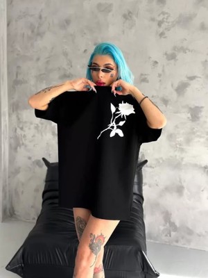 Babua  Bisiklet Yaka Baskılı Oversize T-Shirt - Siyah