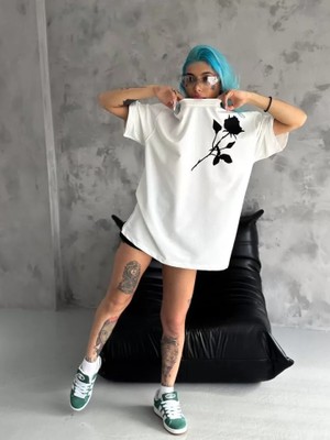 Babua  Bisiklet Yaka Baskılı Oversize T-Shirt - Beyaz