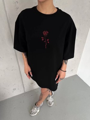 Babua  Bisiklet Yaka Baskılı Oversize T-Shirt - Siyah