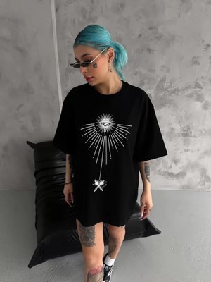 Babua  Bisiklet Yaka Baskılı Oversize T-Shirt - Siyah