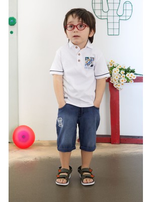 RCW Rimini Beyaz Skate Baskılı Polo Yaka Erkek Çocuk Jean Şortlu Takım 18744