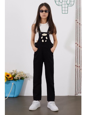 Cansın Mini Siyah Ayıcıklı Göğüs Cepli Kız Çocuk Salopet Tulum 18752