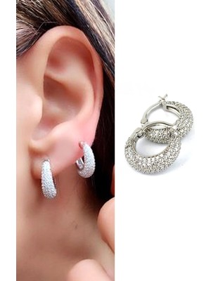 Ose Shop  Zirkon Taş Detaylı 925 Ayar Gümüş   Bombeli Halka Küpe