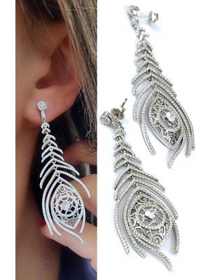 Ose Shop  Pırlanta Parlaklığında Zirkon Taş Detaylı 925 Ayar Gümüş Tavus Kusu Tüyü Figürlü Özel Tasarım Küpe