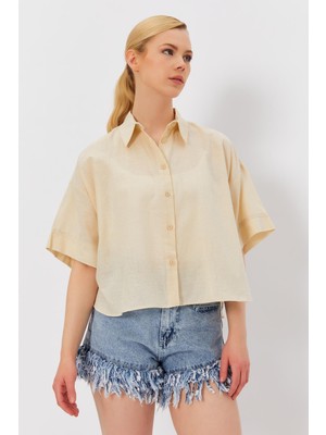 Tena Kadın Taş Kısa Kollu Arkası Uzun Rahat Kalıp Keten Gömlek