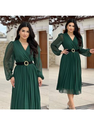 Şems Fashion Şifon Kumaş Astarlı Piliseli Kemerli Desenli Elbise Uzun Elbise Elbise